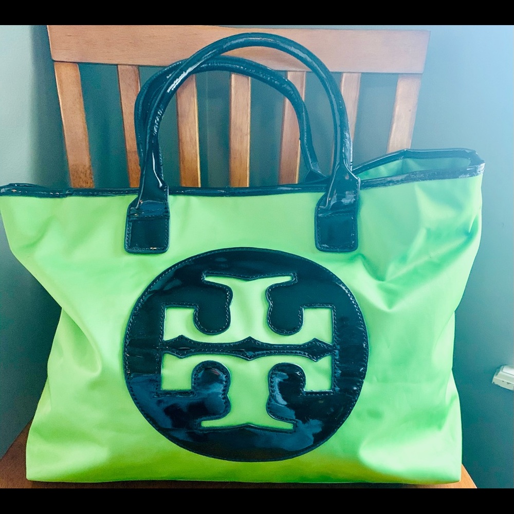 Tory Burch green nylon carry on/tote w/ makeup bag